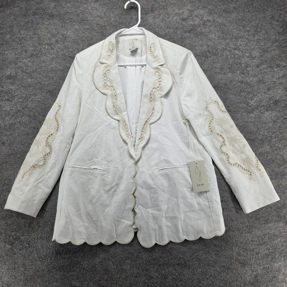JOIE Blazer Womens S White Linen Blend Embroidered Scallop Open Pockets